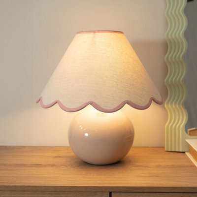 Valuelights Bosco Stone Natural Ceramic Table Lamp With Pink Trim Scallop Shade And Bulb - image 1