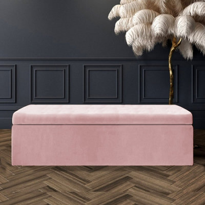 150Cm Large Plain Safar Storage Ottoman Box, Pink Plush Velvet Upholstered Deep Storage Ottoman End Of Bed Bench - image 1
