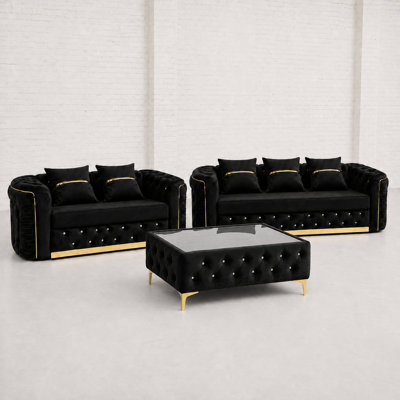 Ambassador Chesterfield Sofa Black 3 Plus 2 Full Set