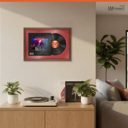 "AK Frames 25X17"" Walnut Modern Vinyl Record Frame With Crimson Mount For 12 Inch Lp Cover & Disc - Overlapped Design" - thumbnail 5