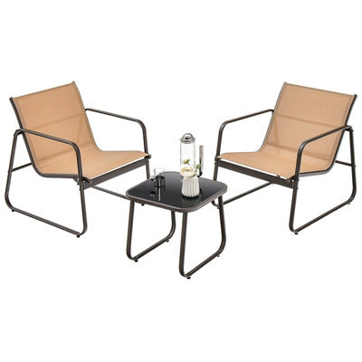 Costway 3 Pcs Patio Conversation Set Outdoor Metal Chair & Table Set W/ Glass Tabletop-Coffee - image 1