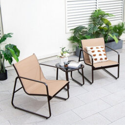 Costway 3 Pcs Patio Conversation Set Outdoor Metal Chair & Table Set W/ Glass Tabletop-Coffee - thumbnail 3