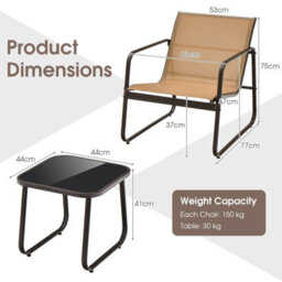 Costway 3 Pcs Patio Conversation Set Outdoor Metal Chair & Table Set W/ Glass Tabletop-Coffee - thumbnail 2