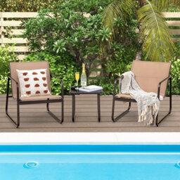Costway 3 Pcs Patio Conversation Set Outdoor Metal Chair & Table Set W/ Glass Tabletop-Coffee - thumbnail 6