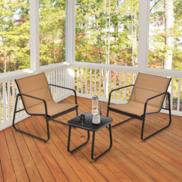 Costway 3 Pcs Patio Conversation Set Outdoor Metal Chair & Table Set W/ Glass Tabletop-Coffee - thumbnail 4