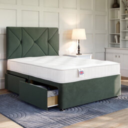 Divan Base Direct Plush Emerald Green Platform Top Divan Bed Base 4Ft6 Double With 4 Drawers + Hampton Floor Standing Headboard - thumbnail 1