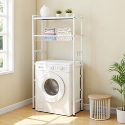 Living And Home Freestanding Above Washing Machine Storage Rack White Carbon Steel Laundry Organizer With Hooks - thumbnail 2