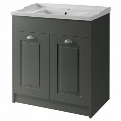 Clifton Traditional Bathroom Floor Standing 2 Door Vanity Unit And Ceramic Basin 800mm - Matt Grey - (Aberdeen) Brassware Not Included - image 1
