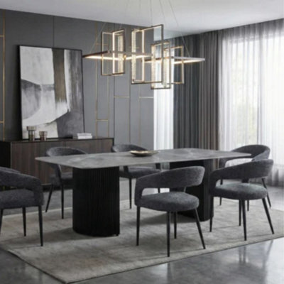 Stratus Interiors Olympia Travertine Effect Dining Table - Cream Stone Effect Table With Fluted Pedestal Base, Modern Dining Room Furniture Grey - image 1