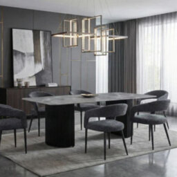 Stratus Interiors Olympia Travertine Effect Dining Table - Cream Stone Effect Table With Fluted Pedestal Base, Modern Dining Room Furniture Grey