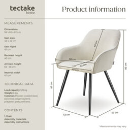 Tectake 1 Dining Chair Marilyn - Corduroy Look, Upholstered, Armchair, Continuous Backrest  - Cream/black - thumbnail 6
