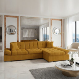 Malwi Right Hand Corner Sofa Bed With Storage Modern Yellow Corduroy Design With Pullout  Guest Bed