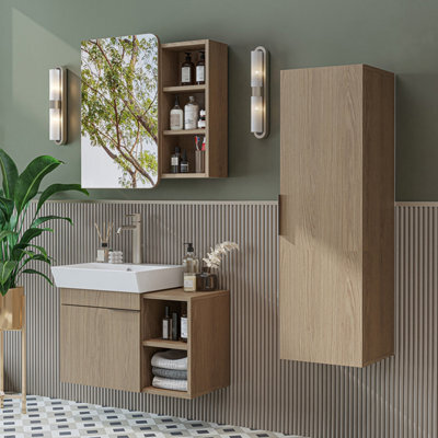 Roomart Likya Wall Mounted Bathroom Set With 72Cm Vanity Unit And Basin, Mirror Cabinet And Tall Storage Cupboard, Klimt Oak - image 1