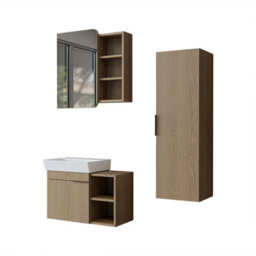 Roomart Likya Wall Mounted Bathroom Set With 72Cm Vanity Unit And Basin, Mirror Cabinet And Tall Storage Cupboard, Klimt Oak - thumbnail 5