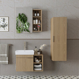 Roomart Likya Wall Mounted Bathroom Set With 72Cm Vanity Unit And Basin, Mirror Cabinet And Tall Storage Cupboard, Klimt Oak - thumbnail 2