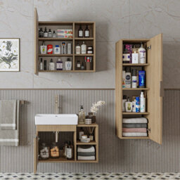 Roomart Likya Wall Mounted Bathroom Set With 72Cm Vanity Unit And Basin, Mirror Cabinet And Tall Storage Cupboard, Klimt Oak - thumbnail 3