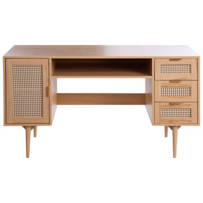 Wyld and Coco Everwood Home Office Desk - Mdf Worktop, Pe Rattan Fronts, 3 Drawers, Light Brown - image 1