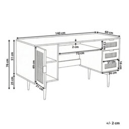 Wyld and Coco Everwood Home Office Desk - Mdf Worktop, Pe Rattan Fronts, 3 Drawers, Light Brown - thumbnail 4