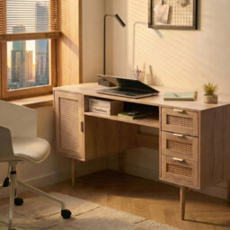 Wyld and Coco Everwood Home Office Desk - Mdf Worktop, Pe Rattan Fronts, 3 Drawers, Light Brown - thumbnail 2
