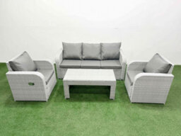 Fimous Pe Rattan Garden Furniture Set Reclining Chair Sofa Lounge Sofa Set Rectangular Coffee Table Light Grey - thumbnail 2