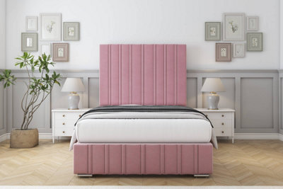 "Sloomy Langston Pink Plush Deep-Sided Bed Frame With 50"" Upholstered Headboard 5' King" - image 1