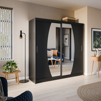 Arte Elypse Contemporary 2 Mirrored Sliding Door Wardrobe 9 Shelves 2 Rails Black (H)2000mm (W)2000mm (D)620mm - image 1