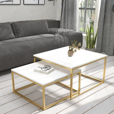 Kama 2 Piece Coffee Table Set Metal Base Legs Gold With Matt Whitetops Modern Matching Duo In Large And Small Sizes - image 1