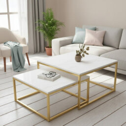 Kama 2 Piece Coffee Table Set Metal Base Legs Gold With Matt Whitetops Modern Matching Duo In Large And Small Sizes - thumbnail 3