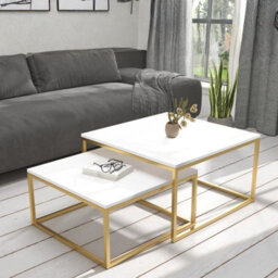 Kama 2 Piece Coffee Table Set Metal Base Legs Gold With Matt Whitetops Modern Matching Duo In Large And Small Sizes - thumbnail 1