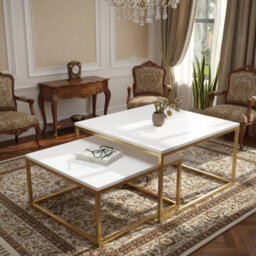 Kama 2 Piece Coffee Table Set Metal Base Legs Gold With Matt Whitetops Modern Matching Duo In Large And Small Sizes - thumbnail 2