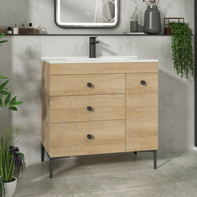 Royal Bathrooms Verona 800mm Natural Oak Floor Standing Vanity Unit 3 Drawer & Side Pull Out Storage Ceramic Basin - Black Knob - image 1