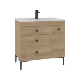 Royal Bathrooms Verona 800mm Natural Oak Floor Standing Vanity Unit 3 Drawer & Side Pull Out Storage Ceramic Basin - Black Knob - thumbnail 6