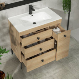 Royal Bathrooms Verona 800mm Natural Oak Floor Standing Vanity Unit 3 Drawer & Side Pull Out Storage Ceramic Basin - Black Knob - thumbnail 5