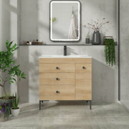 Royal Bathrooms Verona 800mm Natural Oak Floor Standing Vanity Unit 3 Drawer & Side Pull Out Storage Ceramic Basin - Black Knob - thumbnail 4
