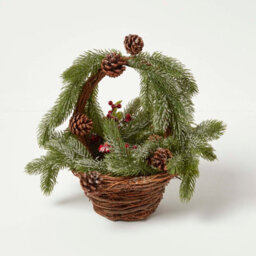 Homescapes Artificial Green & Brown Handcrafted Festive Wicker Basket With Fir, Berries & Real Pinecones, 40 X 59 Cm - thumbnail 1