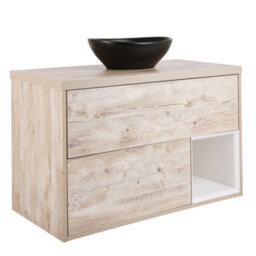 Homestylestore Light Oak 1000mm Led Lit Wall Hung Bathroom Vanity Unit With Oval Countertop Basin And Graphite Basin