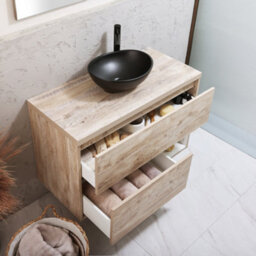 Homestylestore Light Oak 1000mm Led Lit Wall Hung Bathroom Vanity Unit With Oval Countertop Basin And Graphite Basin - thumbnail 2