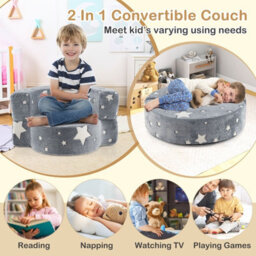 Costway Kids Plush Couch Toddlers 2 In 1 Glow In The Dark Sofa Play Mat-Grey - thumbnail 7