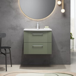 Balterley Belvide Partial Fluted 2 Drawer Wall Hung Vanity Unit With 1 Tap Hole Curved Basin- 600mm - Satin Green - thumbnail 2