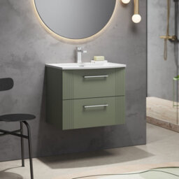 Balterley Belvide Partial Fluted 2 Drawer Wall Hung Vanity Unit With 1 Tap Hole Curved Basin- 600mm - Satin Green - thumbnail 4