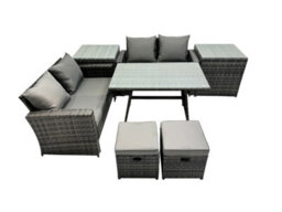 Fimous 6 Seater Wicker Pe Rattan Furniture Outdoor Dining Table Double Seat Sofa 2 Small Stools 2 Side Table Set Dark Grey Mixed - thumbnail 1