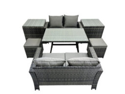 Fimous 6 Seater Wicker Pe Rattan Furniture Outdoor Dining Table Double Seat Sofa 2 Small Stools 2 Side Table Set Dark Grey Mixed - thumbnail 2