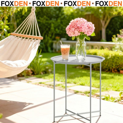 Foxden White Garden Side Table Removable Tray Round Folding Steel Outdoor 53X46Cm - image 1