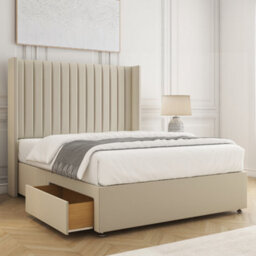Bsspoke Manhattans Divan Bed Cream Plush Velvet With 54Inch Headboard 2 Drawers Footend & No Mattress In Double King 4Ft 6Ft