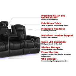 Valencia Tuscany Console Edition Home Theater Seating Row Of 3 Dropdown Center Black Nappa Leather Diamond Stitching - thumbnail 7