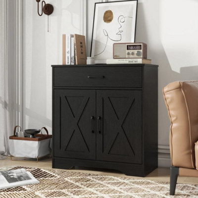 2 Doors 1 Drawer / Black Storage Console Cabinet With Wooden Top Farmhouse Sideboard - image 1