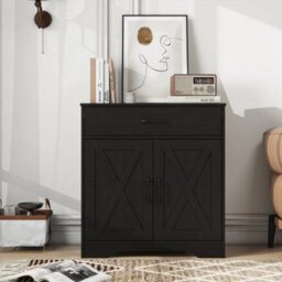 2 Doors 1 Drawer / Black Storage Console Cabinet With Wooden Top Farmhouse Sideboard - thumbnail 4