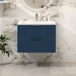 Royal Bathrooms Evora 700mm Midnight Blue Fluted Wall Hung Bathroom Vanity Unit 2 Drawer Cabinet Storage With Stone Basin Sink - 1 Tap Hole