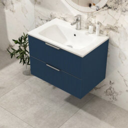 Royal Bathrooms Evora 700mm Midnight Blue Fluted Wall Hung Bathroom Vanity Unit 2 Drawer Cabinet Storage With Stone Basin Sink - 1 Tap Hole - thumbnail 4