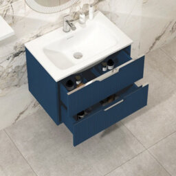 Royal Bathrooms Evora 700mm Midnight Blue Fluted Wall Hung Bathroom Vanity Unit 2 Drawer Cabinet Storage With Stone Basin Sink - 1 Tap Hole - thumbnail 3